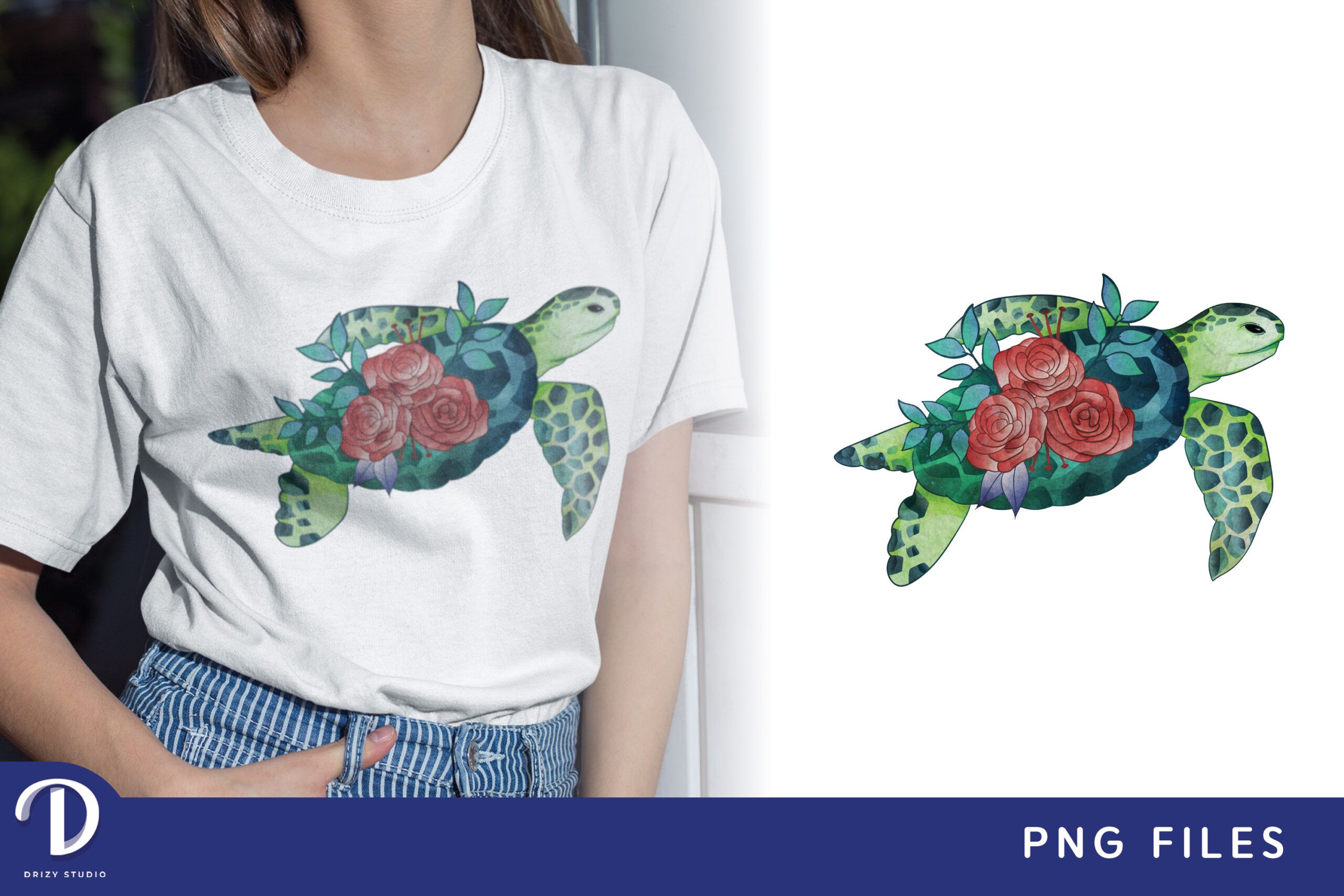 Sea Turtle Watercolor with Red Roses Sublimation
