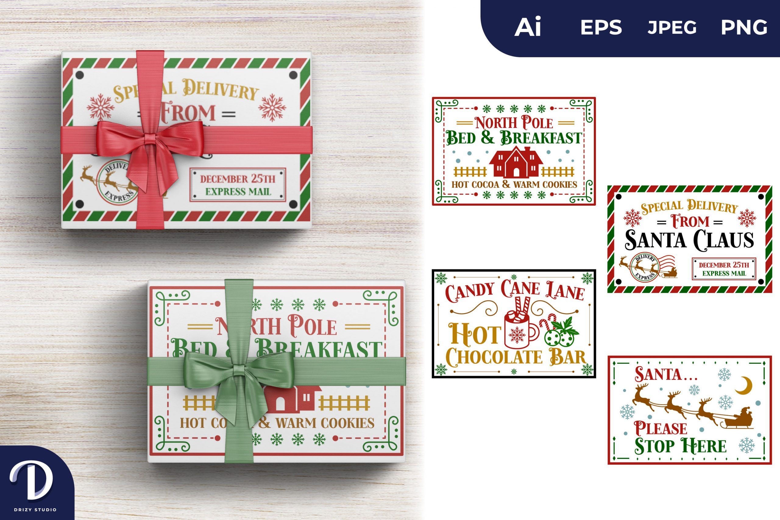 Vintage Christmas Label for Gift Box or Gift Bag Set Design Drizy Studio