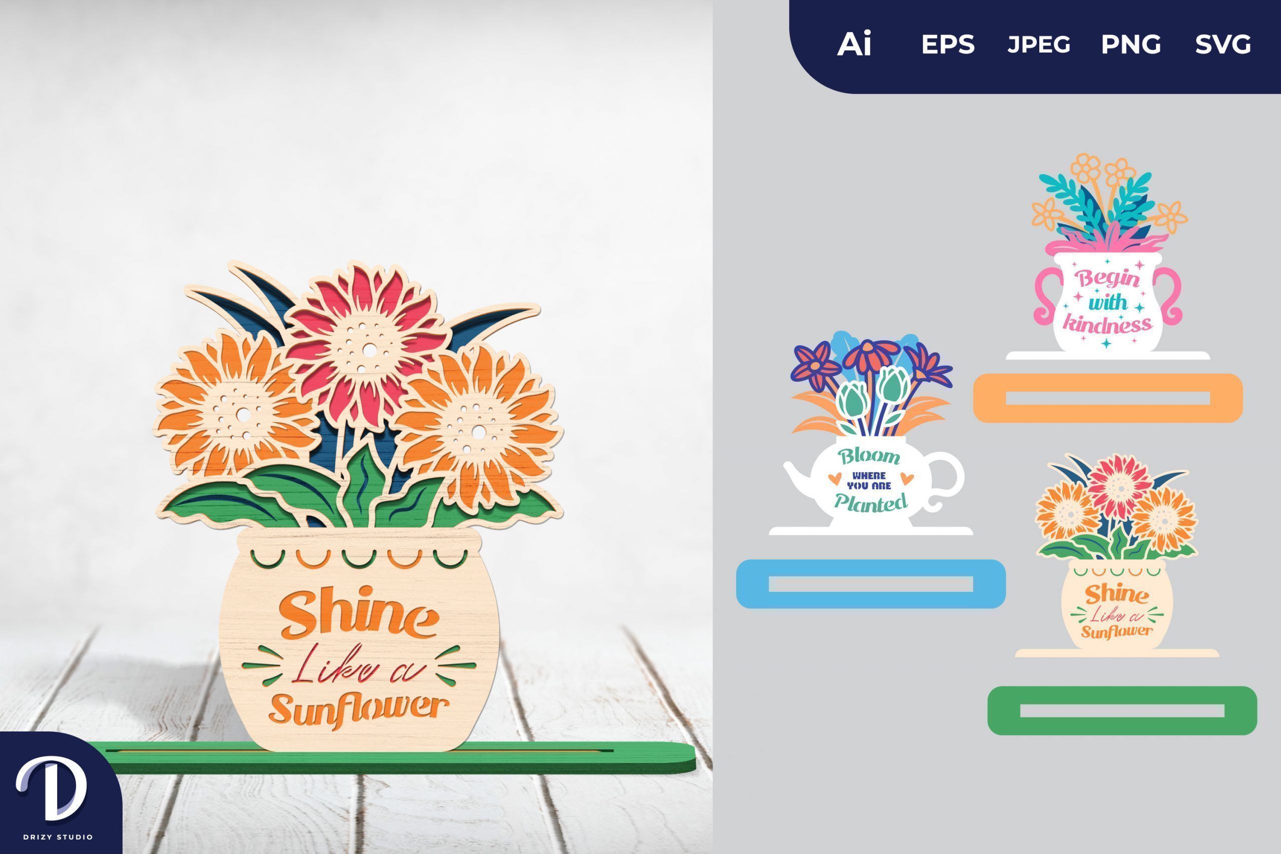 Cute Flower Pots & Quotes, 3D Stand Decoration Laser Cut SVG Drizy Studio