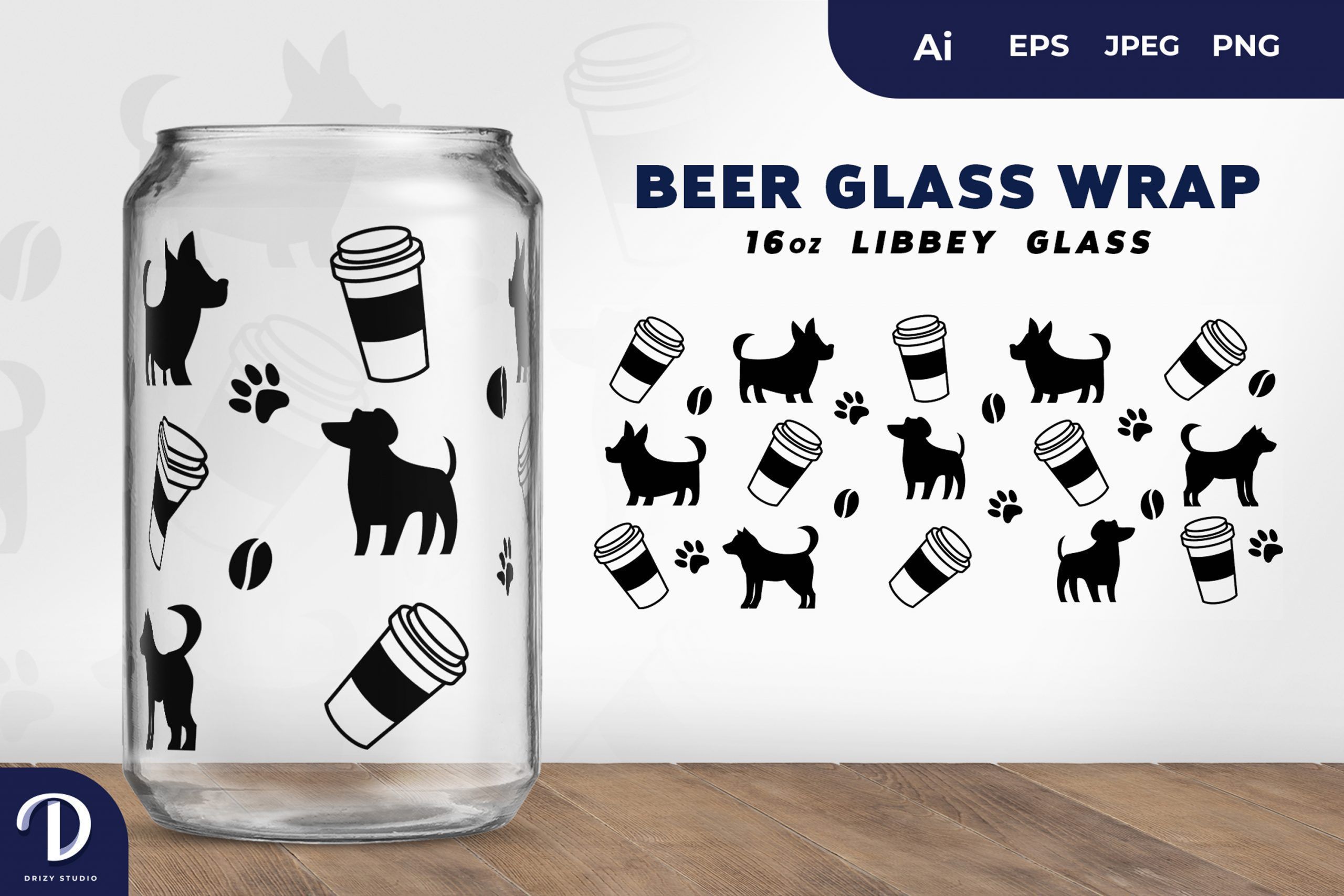 Dogs And Coffee Cups 16 Oz Libbey Beer Glass Can Wrap Drizy Studio