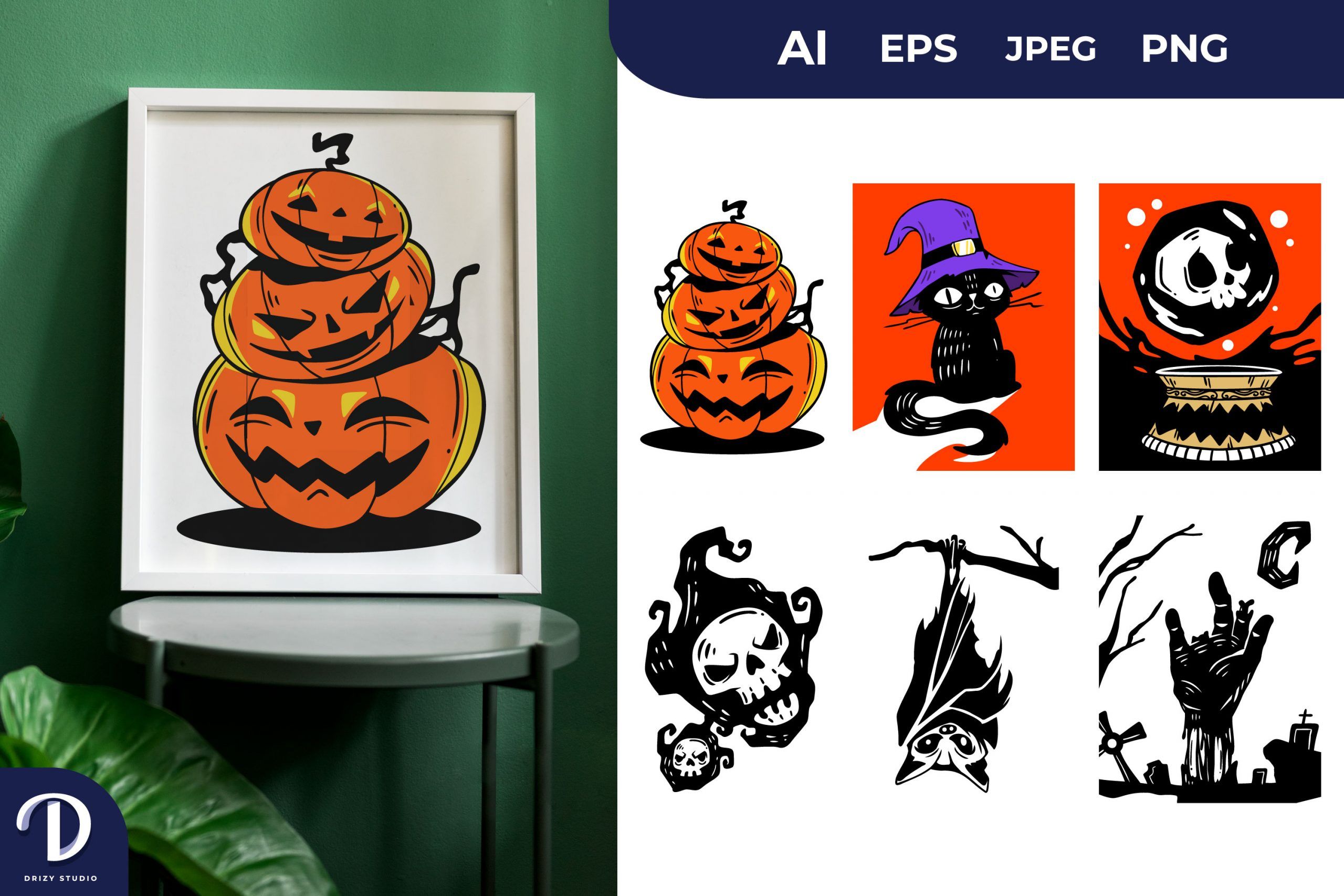 Halloween Decoration Set, Printable Wall Art 6 Variations Drizy Studio