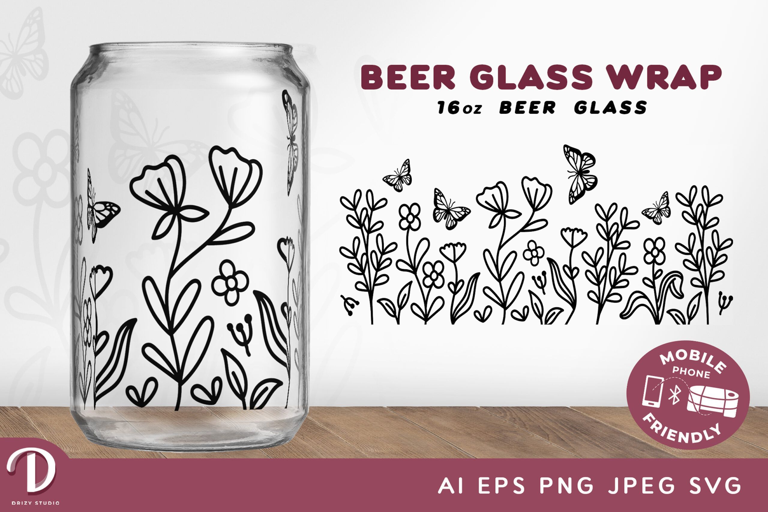 Beautiful Wildflower SVG with Butterfly 16oz Libbey Glass Can Wrap
