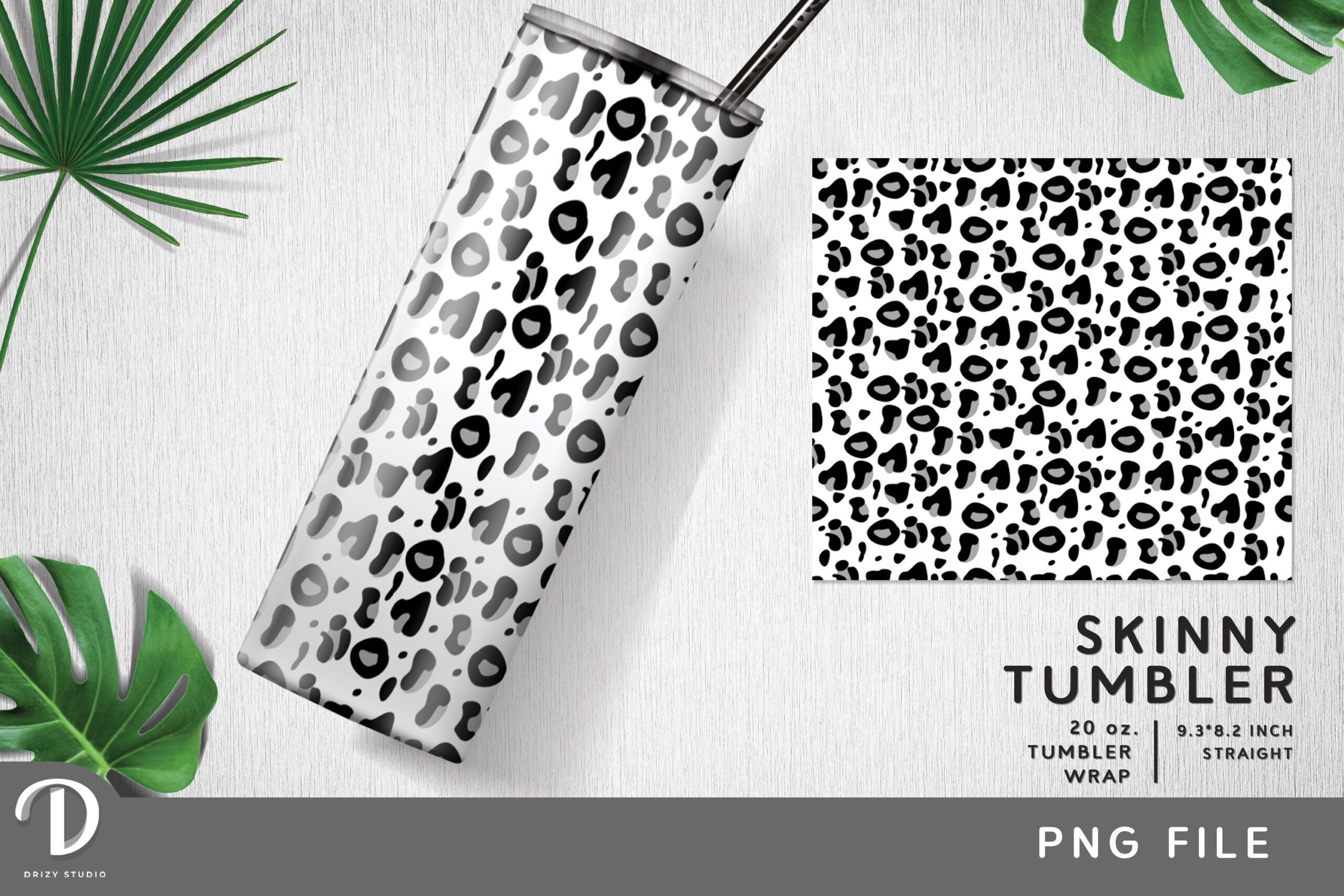 Gray + Black Leopard Print Tumbler Wrap PNG — drypdesigns