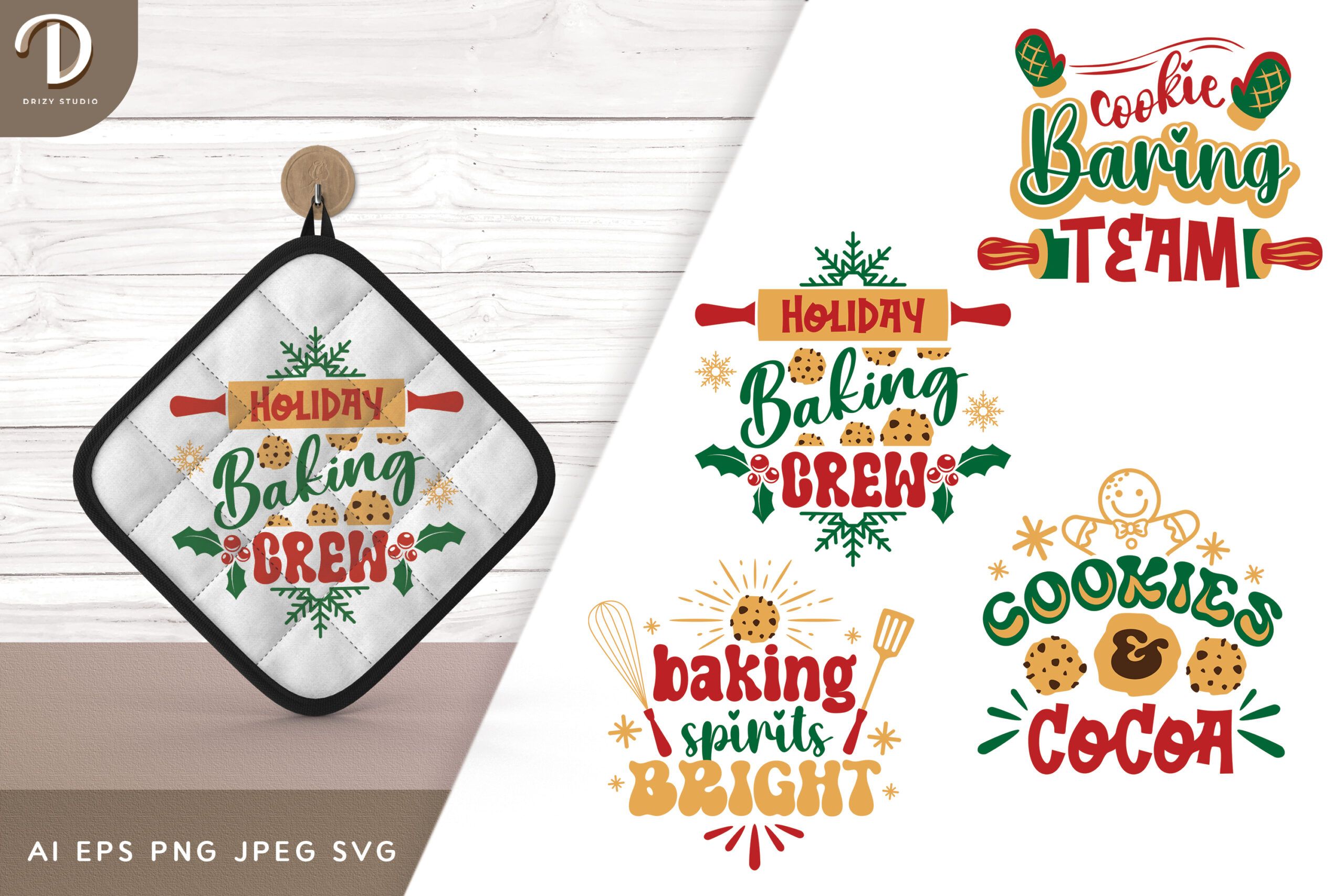Christmas Baking Quotes with Cute Cookie Illustrations, Set of 4
