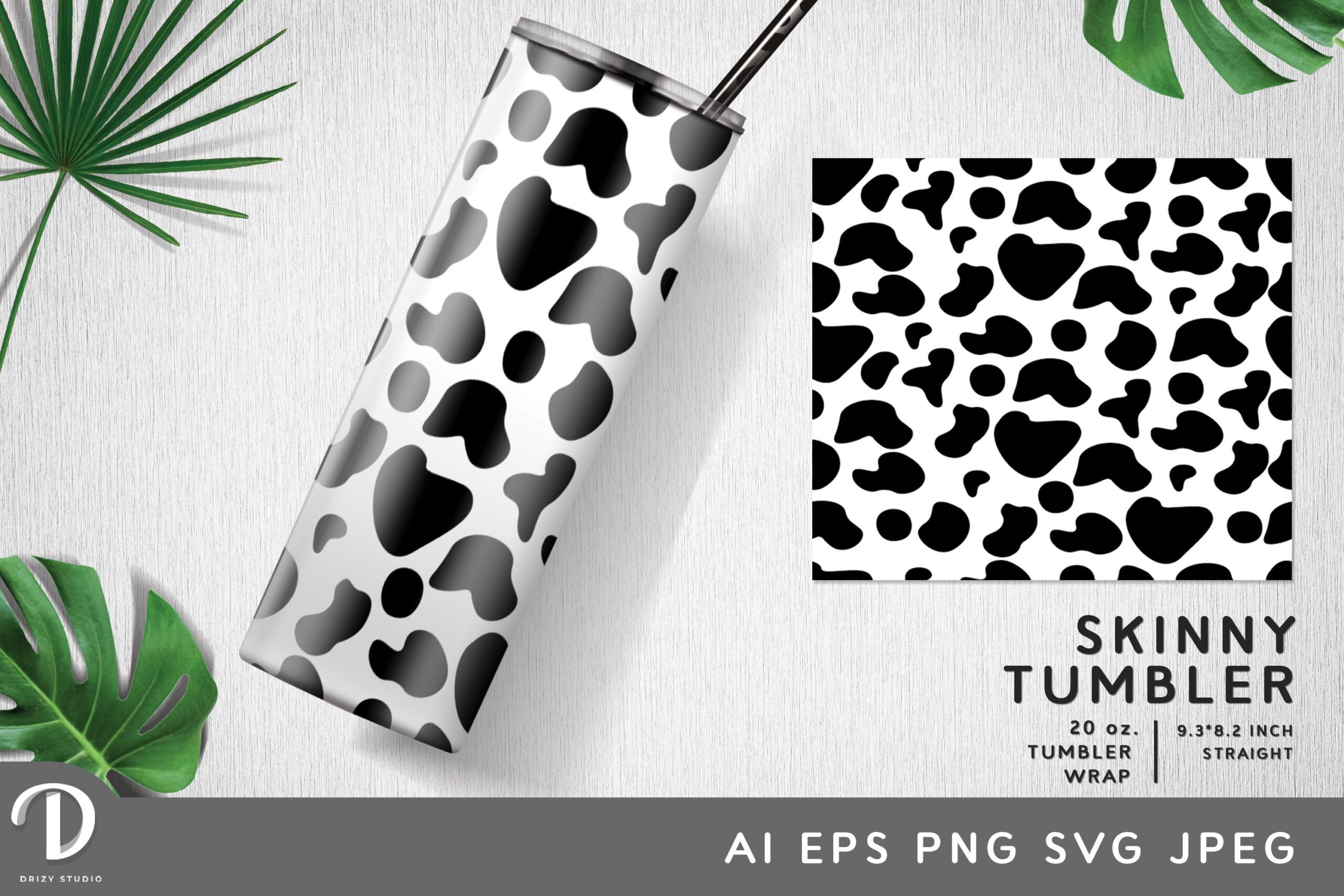 Cow print tumbler wrap for 20 oz skinny tumbler drizy studio