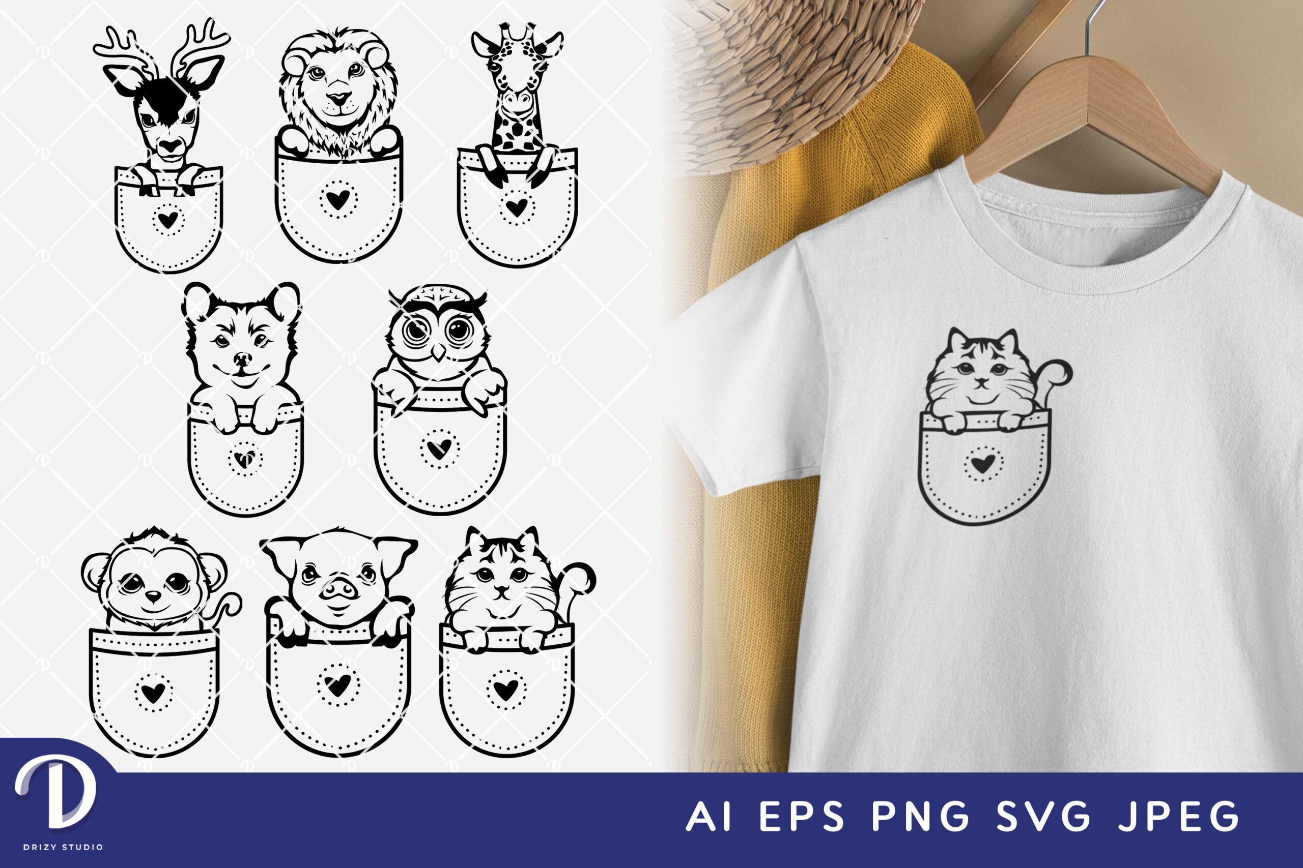 Animal Peeking from a Pocket SVG Bundle Pocket Animal SVG Drizy Studio