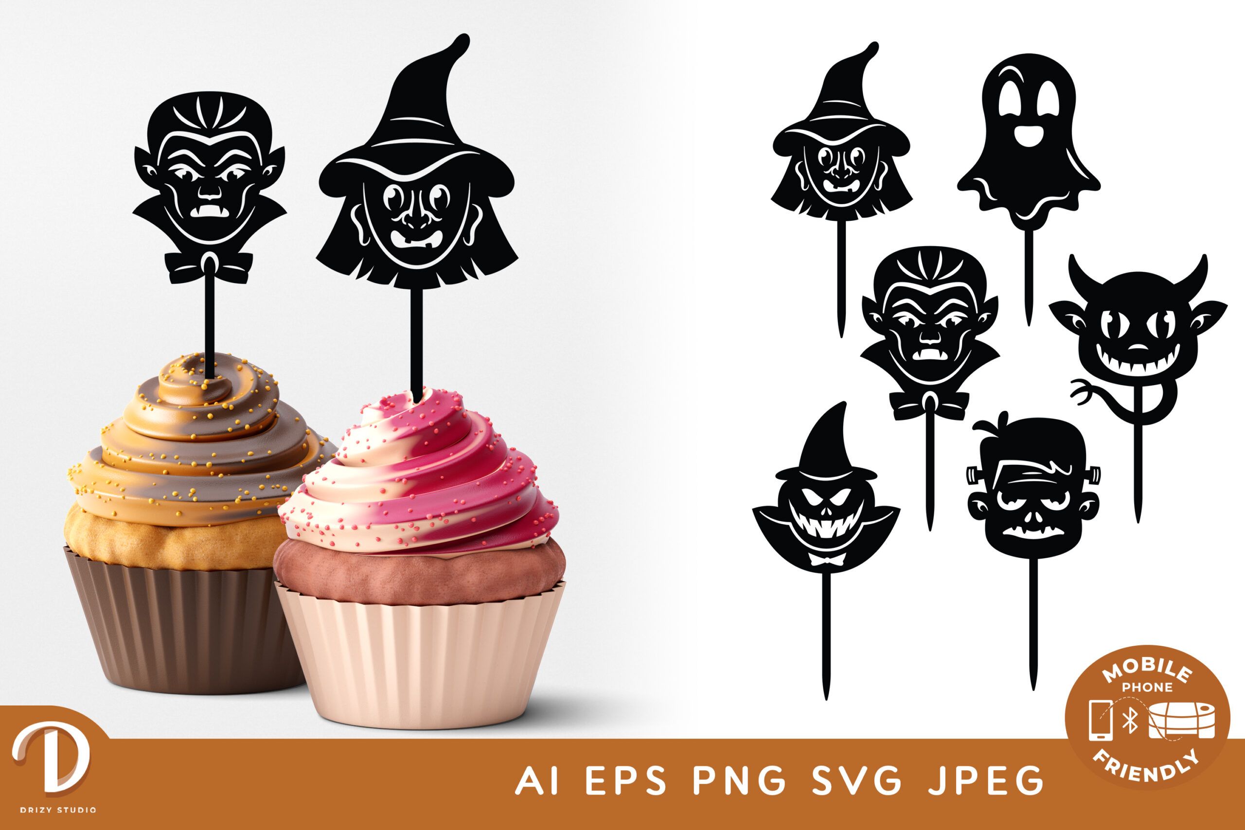 Scary Character Halloween Cake Toppers, Bundle of 6 Drizy Studio