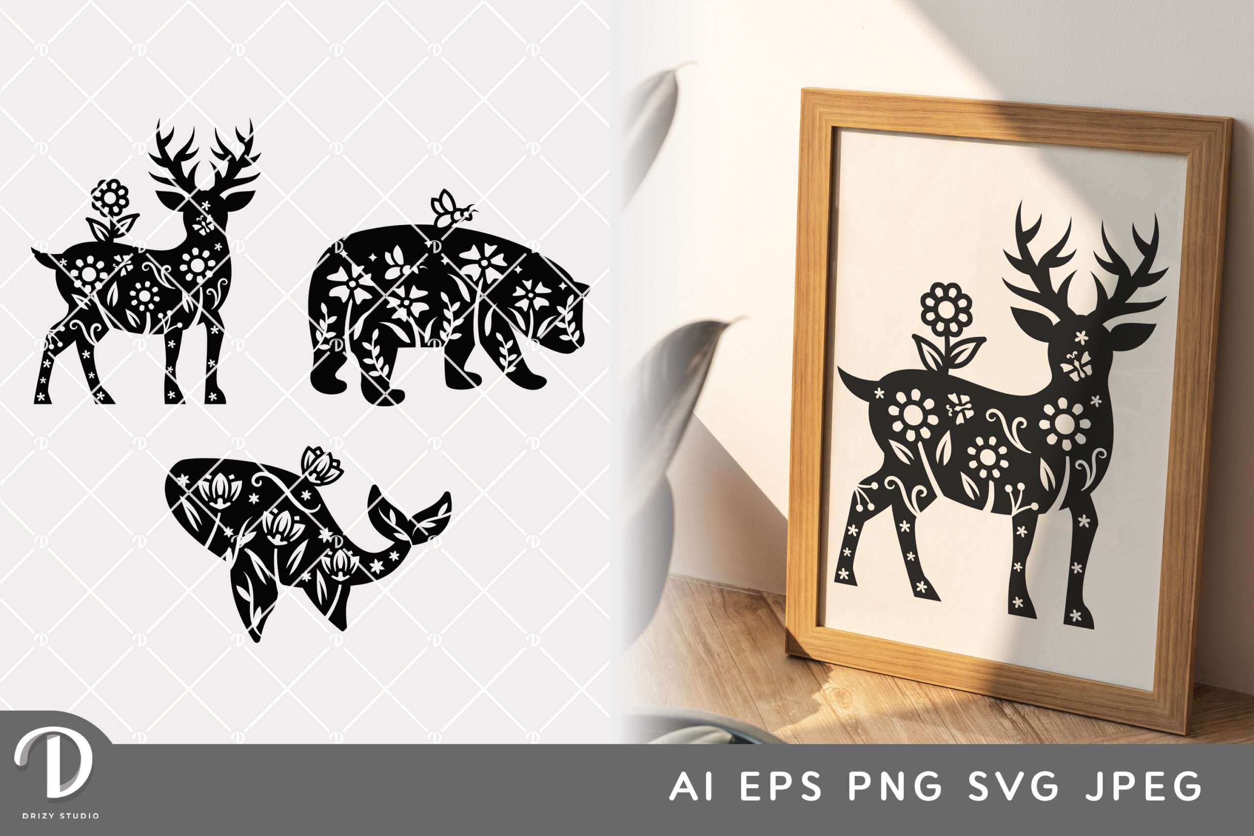 Floral Deer, Bear and Whale SVG Cut File - Animal Silhouette SVG - Drizy  Studio