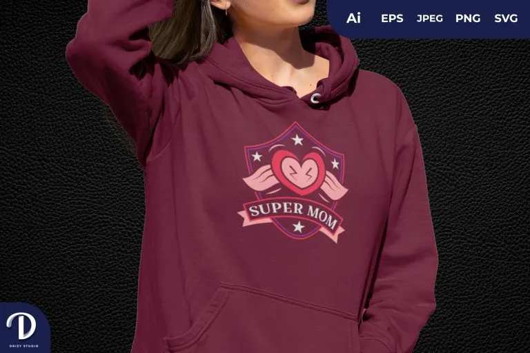 woman wearing Super Mom hoodie