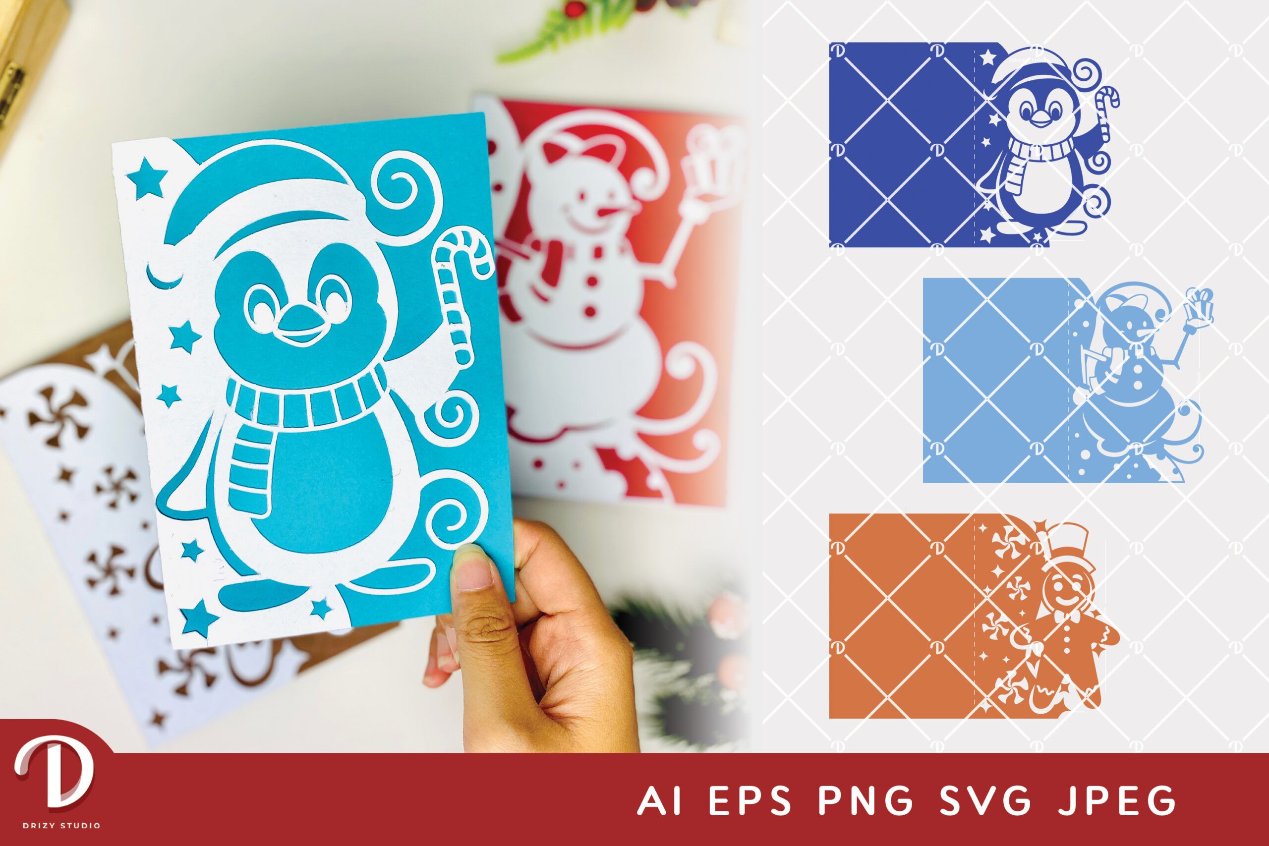 3 Christmas Card SVG Set with Adorable Characters - Drizy Studio