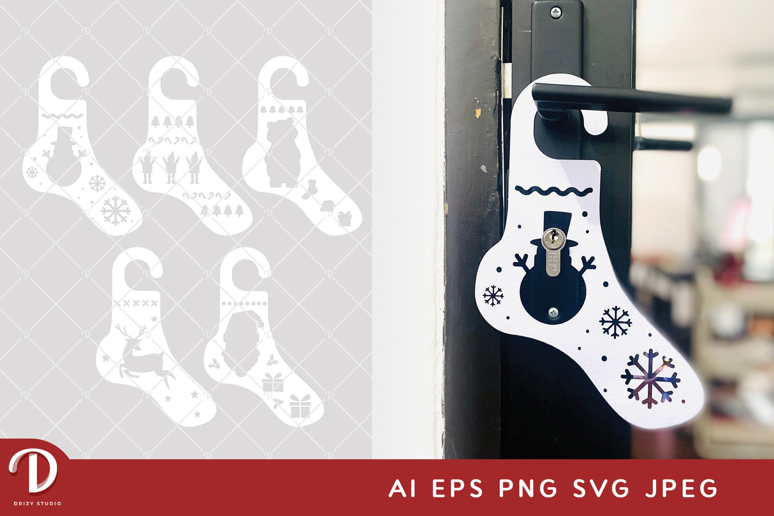 Cute Christmas Door Hanger SVG in Sock Shape, 5 Variations Drizy Studio