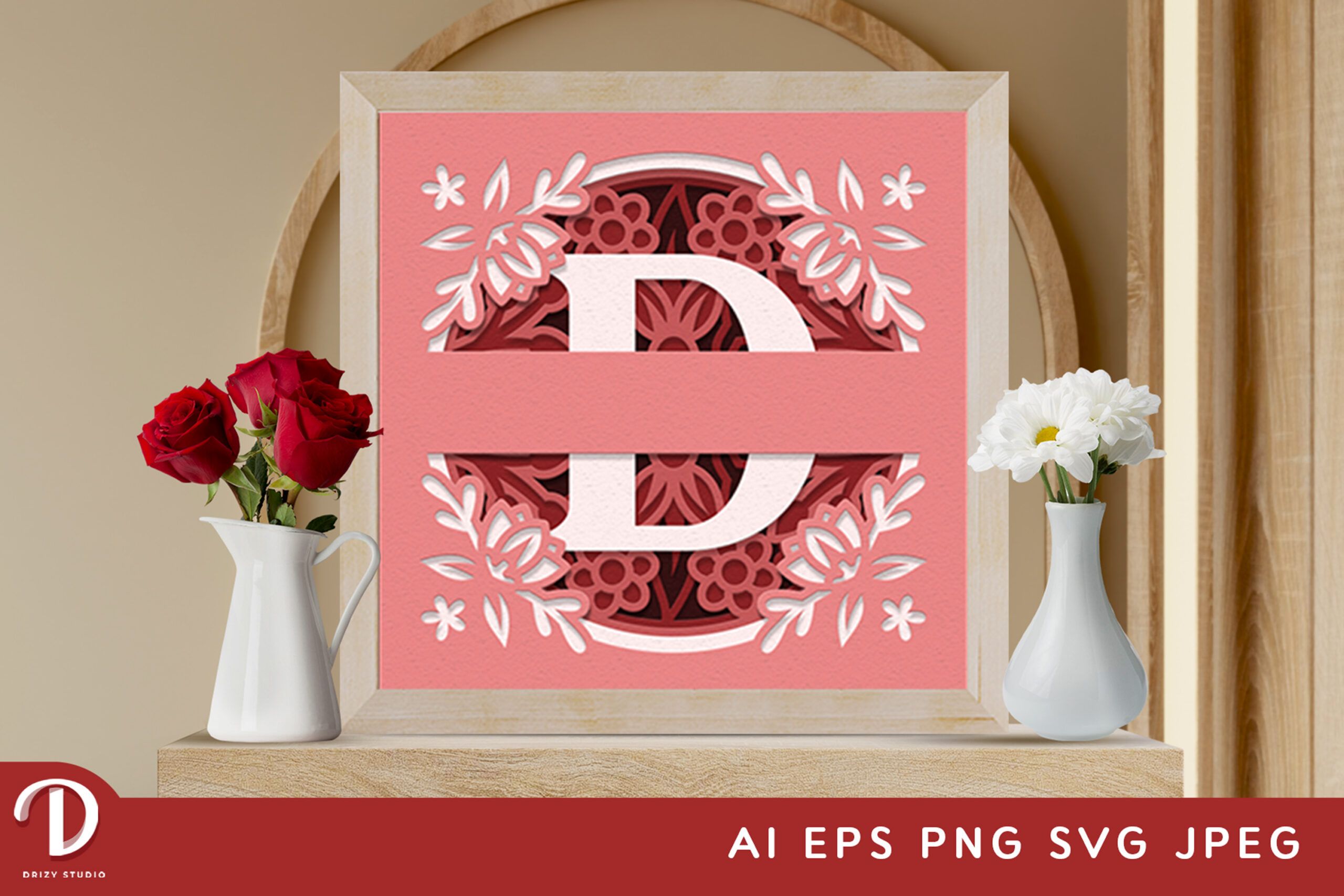 Floral Split Monogram D 3D Paper Cutting File SVG - Drizy Studio