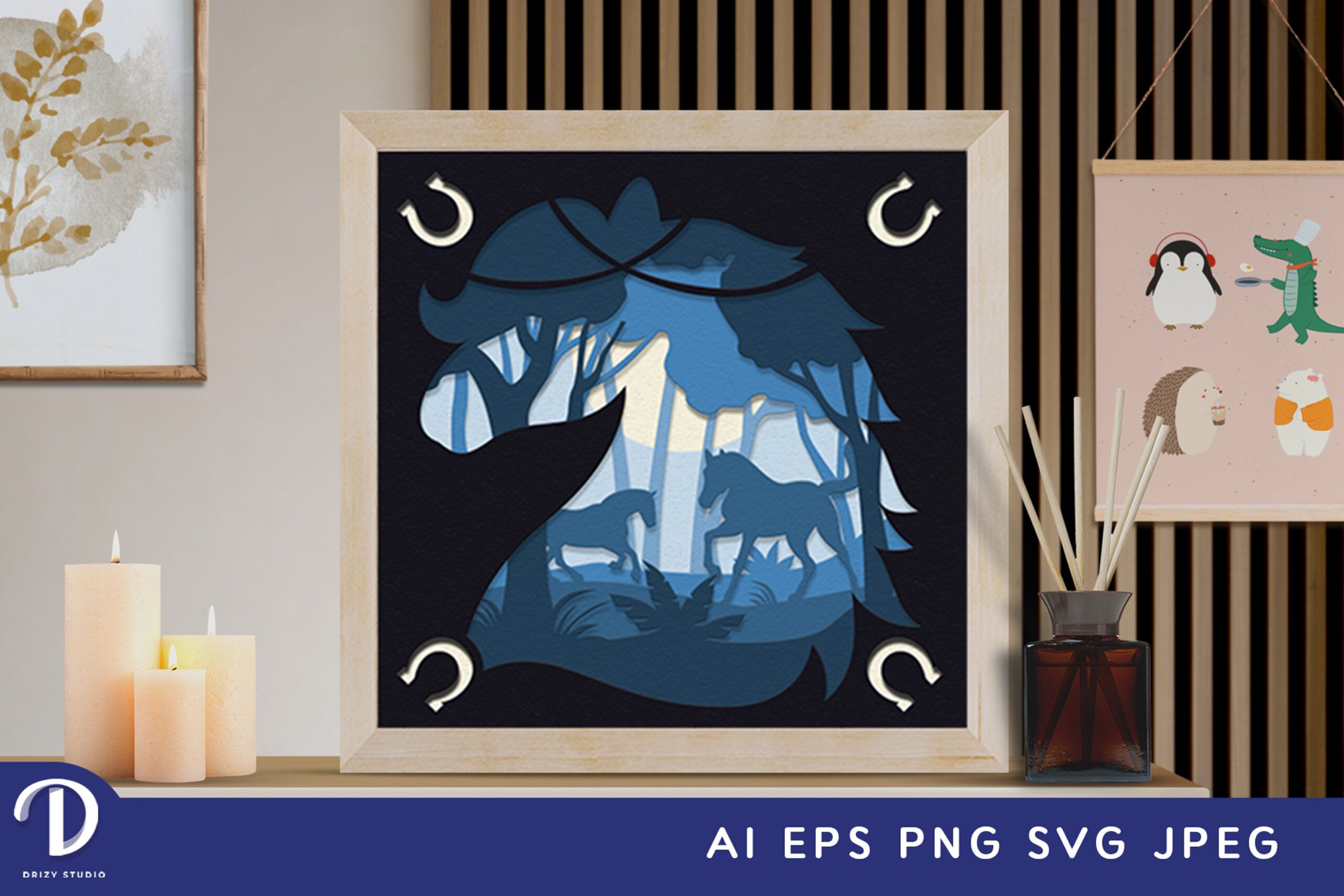 Horses in Horse Head Frame 3D SVG Wildlife Shadow Box Drizy Studio