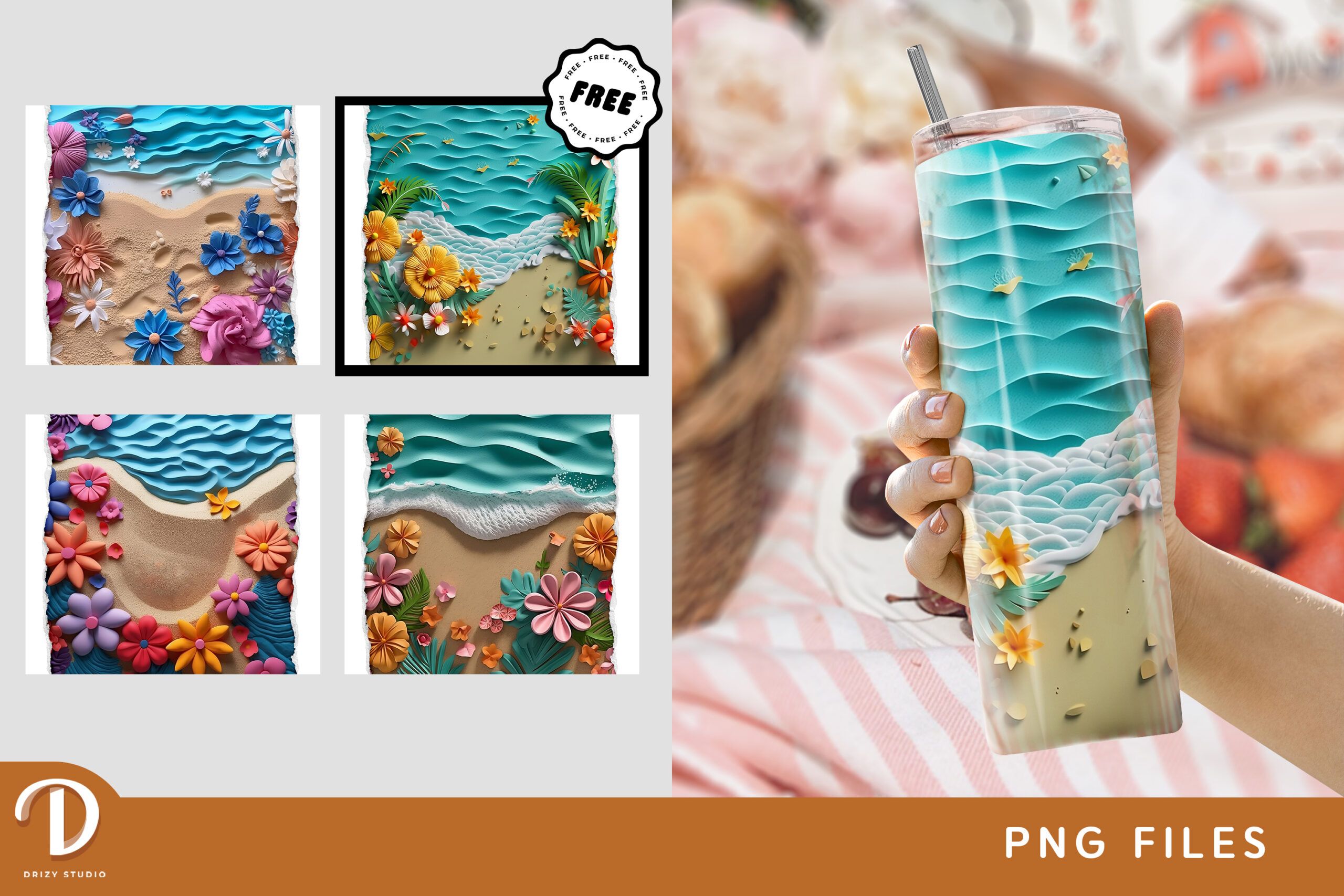 3D Floral Beachside 20oz Tumbler Wrap Design Drizy Studio
