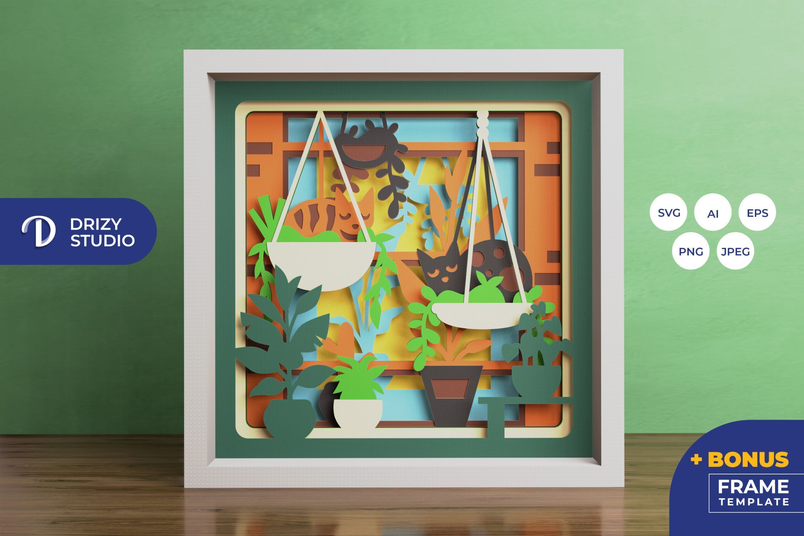 Cat on Hanging Potted Plants 3D Shadow Box (1)