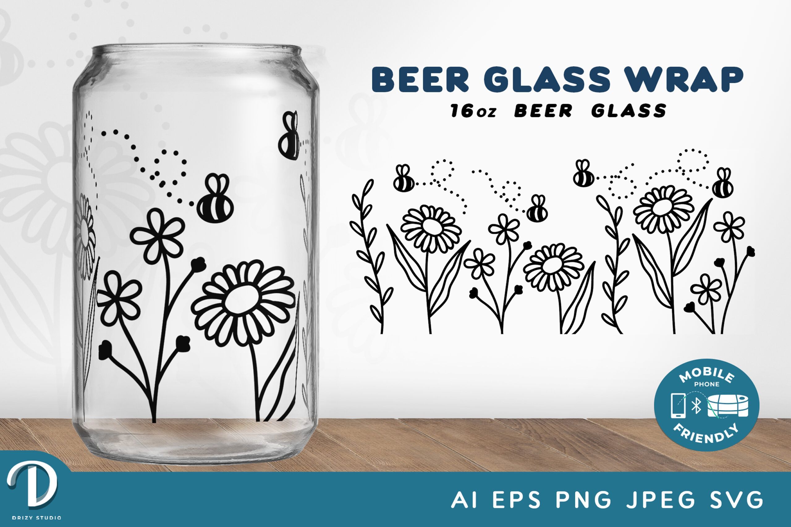 Beautiful Wildflower SVG 16oz Libbey Glass Can Wrap with Bees - Drizy ...